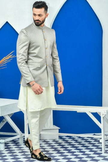 Grey Color Aari Checkered Embroidered Prince Coat For Men